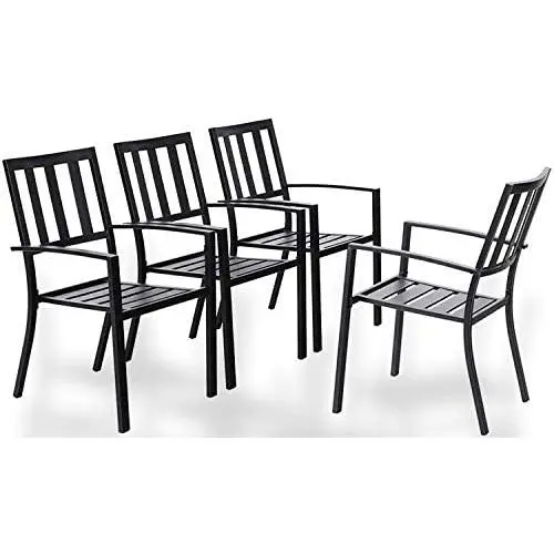 PHI VILLA Outdoor Patio Steel Frame Slat Seat Dining Arm Chairs Set of 4 for Garden,Backyard - Black