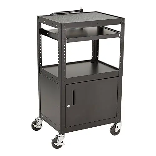 Norwood Commercial Furniture Adjustable Height Metal AV Cart with Cabinet, Electric Power & Sliding Tray, NOR-GNO1010-PK-SO Norwood Commercial Furniture Adjustable Height Metal AV Cart with Cabinet, Electric Power & Sliding Tray, NOR-GNO1010-PK-SO