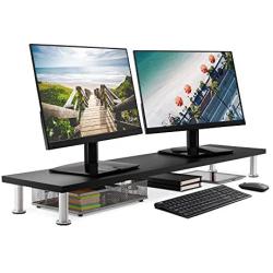 Large Dual Monitor Stand for Computer Screens - Solid Bamboo Riser Support The Heaviest Monitors, Printers, Laptops or TVs - Perfect Shelf Organizer for Office Desk Accessories & TV Stands (Black)