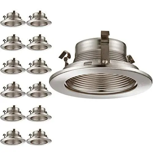 TORCHSTAR 12-Pack 4 Inch Recessed Can Light Trim with Satin Nickel Metal Step Baffle, for 4 Inch Recessed Can, Fit Halo/Juno Remodel Recessed Housing, Line Voltage Available