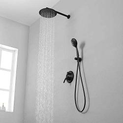 SHAMANDA Shower System, Shower Faucets Sets Complete with High Pressure 10'' Rain Shower Head and 5-Setting Handheld Shower Head(Round-In Valve and Trim Included) Wall Mounted, Matte Black, L02-7