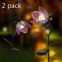 TERESAS COLLECTIONS 27-29.5 inch 2 Pack Metal Solar Flower Lights, Tulip Solar Garden Lights Flower Stake with Crackle Glass Ball Lights for Outdoor Patio Yard Decorations