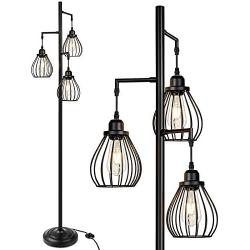 Industrial Floor Lamp for Living Room, Tree Floor Lamp with 3 Elegant Teardrop Cage Head& ST58 Edison LED Bulbs, Sturdy Base Tall Vintage Pole Light Great for Farmhouse Rustic Home Bedroom Office