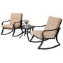 SUNCROWN Outdoor 3-Piece Rocking Chairs Bistro Set, Black Steel Patio Furniture with Brown Thickened Cushion and Glass-Top Coffee Table SUNCROWN Outdoor 3-Piece Rocking Chairs Bistro Set, Black Steel Patio Furniture with Brown Thickened Cushion and Glass-Top Coffee Table