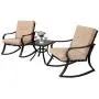 SUNCROWN Outdoor 3-Piece Rocking Chairs Bistro Set, Black Steel Patio Furniture with Brown Thickened Cushion and Glass-Top Coffee Table