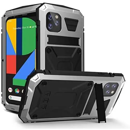 WintMing Compatible with Google Pixel 4XL Aluminium Metal Case Dropproof Shockproof Dustproof Cover Built-in Screen Protector Military Grade Defender Case with Kickstand (Silver, 4XL)