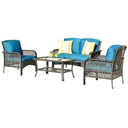 ovios 4 PCs Patio Furniture Sets All Weather Water-Resistant and UV Resistant Rattan Wicker Deep Seating Outdoor Sofa Conversation Set with Cushions,Table (Gray Wicker + Blue Cushion) ovios 4 PCs Patio Furniture Sets All Weather Water-Resistant and UV Resistant Rattan Wicker Deep Seating Outdoor Sofa Conversation Set with Cushions,Table (Gray Wicker + Blue Cushion)