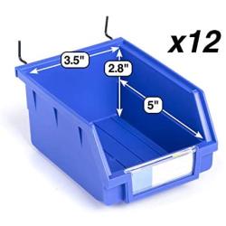 Pegboard Bins - 12 Pack Blue Large - Hooks to Any Peg Board - Organize Hardware, Accessories, Attachments, Workbench, Garage Storage, Craft Room, Tool Shed, Hobby Supplies, Small Parts