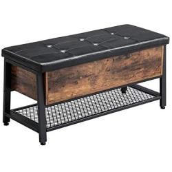 VASAGLE Industrial Storage Bench, Shoe Bench, Bed End Stool with Padded Seat and Metal Shelf, Storage Chest, Sturdy Steel Frame,Hallway, Living Room, Rustic Brown and Black ULSB47BX