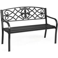 Giantex 50inch Patio Garden Bench, Heavy-Duty Metal Park Bench, Powder Coated Cast Iron Steel Frame, Outdoor Loveseat with Pattern Backrest for Garden Backyard Lawn Porch Path