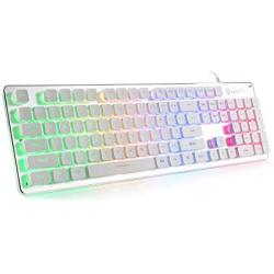 LANGTU Membrane Gaming Keyboard, Rainbow LED Backlit Quiet Keyboard for Office, USB Wired All-Metal Panel 25 Keys Anti-ghosting Computer Keyboard 104 Keys - L1 White/Silver