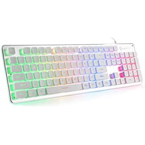 LANGTU Membrane Gaming Keyboard, Rainbow LED Backlit Quiet Keyboard for Office, USB Wired All-Metal Panel 25 Keys Anti-ghosting Computer Keyboard 104 Keys - L1 White/Silver