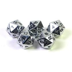 Solid Metal Chrome Silver D20 5 piece Polyhedral Dice Set by Hedral