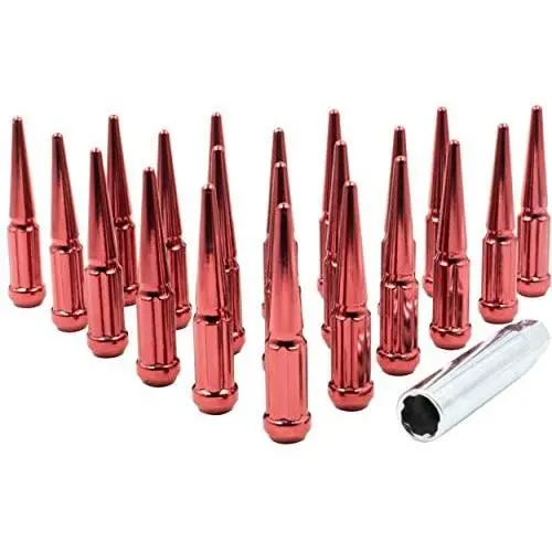 Wheel Accessories Parts Set of 24 Red Spiked Solid Metal Lug Nuts M14x1.5 Thread 4.4 Inch Tall Closed End Bulge Acorn Spike Lug Nut 1 Long Socket Key Wheel Accessories Parts Set of 24 Red Spiked Solid Metal Lug Nuts M14x1.5 Thread 4.4 Inch Tall Closed End Bulge Acorn Spike Lug Nut 1 Long Socket Key