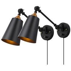 Pauwer Industrial Plug in Wall Sconces Set of 2 with On Off Switch Vintage Edison Swing Arm Wall Lamp Black Metal Shade Wall Light Fixtures