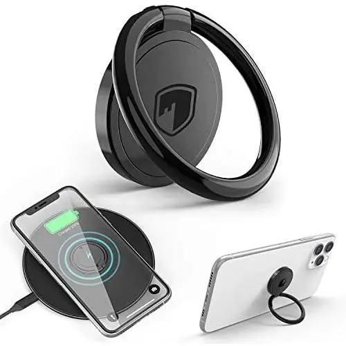 Phone Ring Holder Wireless Charging Compatible - FITFORT 360° Rotation Anti-Scratch Ceramic Ring Grip Compatible with All Wireless Charging Cell Phones-Black