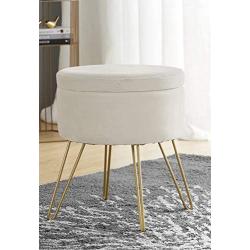 Ornavo Home Modern Round Velvet Storage Ottoman Foot Rest Stool/Seat with Gold Metal Legs & Tray Top Coffee Table - Cream