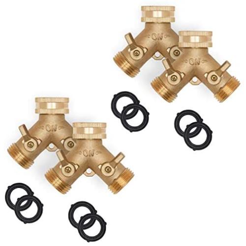 Morvat Heavy Duty Brass Garden Hose Connector Tap Splitter (2 Way) – New and Improved - Outlet Splitter, Hose Splitter, Hose Spigot Adapter with 2 Valves, Plus 2 Extra Rubber Washers, 4 Pack