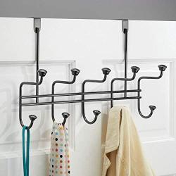 mDesign Decorative Metal Over Door 10 Hook Storage Organizer Rack - for Coats, Hoodies, Hats, Scarves, Purses, Leashes, Bath Towels, Robes, Mens and Womens Clothing - Black Chrome