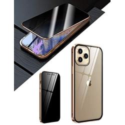 KumWum Anti Peep Screen Protector for iPhone 12 / iPhone 12 Pro Case Full Body Magnetic Cover Front and Back Tempered Glass Protector with Metal Bumper - Gold