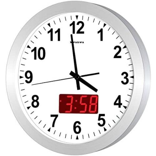 KWANWA 12'' Metal Quartz LED Wall Clock Battery Operated with 1.34 Digital Time or Temperature Display Non Ticking Silent Quiet Sweep Second Hand