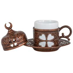 Demmex Turkish Coffee Espresso Cup with Inner Porcelain, Metal Holder, Saucer and Lid, 4 Pieces (Antique Brown)