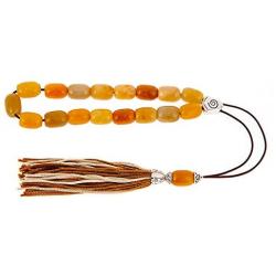 Yellow Jade Gemstone, Handmade Greek Worry Beads or Komboloi with Alpaca Metal Parts on Pure Silk Cord & Tassel, Length 34cm (13.4)