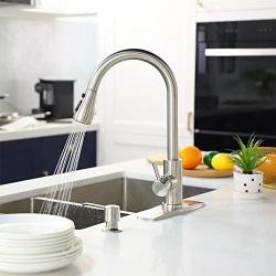 FORIOUS Kitchen Faucet with Pull Down Sprayer Brushed Nickel, High Arc Single Handle Kitchen Sink Faucet with Deck Plate, Commercial Modern rv Stainless Steel Kitchen Faucets, Grifos De Cocina