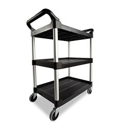 Rubbermaid Commercial Products Heavy Duty 3-Shelf Rolling Service/Utility/Push Cart, 200 lbs. Capacity, Black, for Foodservice/Restaurant/Cleaning/Workplace