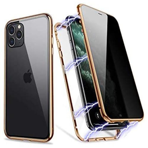 iPhone 11 Pro Case, ZHIKE Anti Peeping Privacy Magnetic Phone Case Double Side Cover Magnet Absorption Metal Bumper Frame Tempered Glass Full Screen Coverage (Anti-Spy, Clear Gold