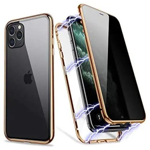iPhone 11 Pro Case, ZHIKE Anti Peeping Privacy Magnetic Phone Case Double Side Cover Magnet Absorption Metal Bumper Frame Tempered Glass Full Screen Coverage (Anti-Spy, Clear Gold