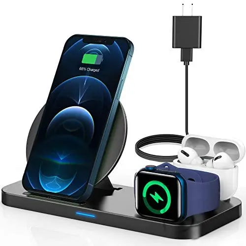 Yemo 3 in 1 Wireless Charger, Charging Station for Apple Products Compatible with Airpods Pro, Apple Watch Series Se 6 5 4 3 2, Phone Charging Station Dock for iPhone 12,11,11 Pro,Xr,Xs Max,Samsung