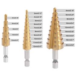 uxcell Step Drill Bits Set HSS 3-12mm 4-12mm 4-20mm Titanium Coated Straight Flutes Hex Shank for Metal Wood Plastic