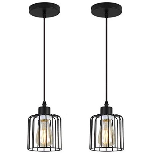 ZhLCY 2 Pack Vintage Mini Wire Pendant Lights with Matte Black Metal Shape, Industrial Caged Hanging Lights, Rustic Farmhouse Lighting Fixtures for Kitchen Loft Bar Counter Foyer Dining Room