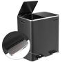 SONGMICS Trash Garbage Can, 16 Gal (60L) Rubbish, Metal Step Bin, with Dual Compartments, Plastic Inner Buckets and Hinged Lids, Handles, Soft Closure, Airtight, Black