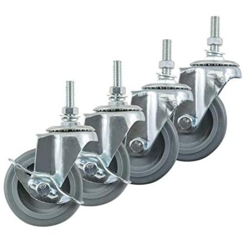 Houseables Caster Wheels, Casters, Set of 4, 3 Inch, Rubber, Heavy Duty, Threaded Stem Mount Industrial Castors, Locking Metal Swivel Wheel, Replacement For Carts, Furniture, Dolly, Workbench, Trolley