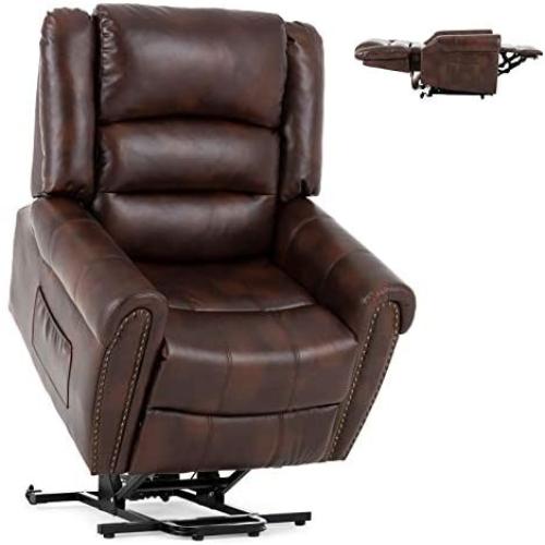 Mecor Power Lift Chair Dual Motor PU Leather Lift Recliner for Elderly Lay Flat Sleeper Recliner with Massage/Heat/Vibration/Remote Control/Side Pockets for Living Room