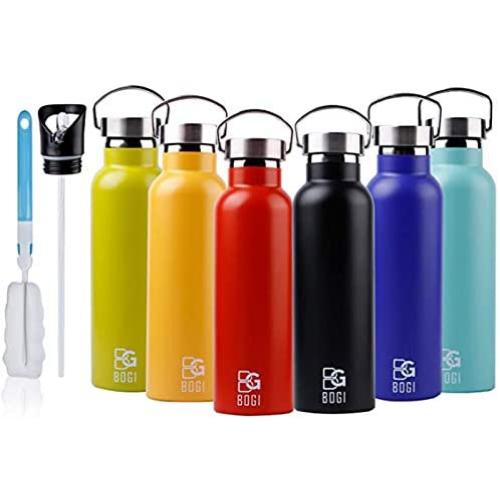 BOGI 20oz Double Wall Vacuum Insulated Stainless Steel Water Bottle-Scratch Resistance&Eco-Friendly for Outdoor Sports Yoga Camping+Straw Flip Cap,2 Straw&Cleaning Brush