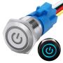 mxuteuk 19mm Latching Push Button Switch 1 NO 1 NC SPDT ON/Off Silver Stainless Steel Shell with 12v Blue Power Symbol Light with Wire Socket Plug Suitable for 3/4'' Mounting Hole L-19-POWER-T-BU