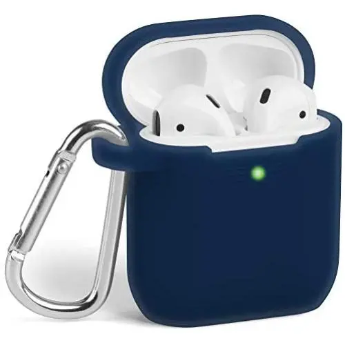 AirPods Case, GMYLE Silicone Protective Shockproof Case Cover Skins with Keychain Compatible with Apple AirPod 2 and 1, Navy Blue [Front LED Visible]