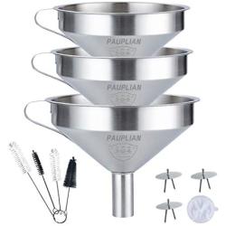 Pauplian Stainless Steel Funnels for Kitchen, Food Grade Kitchen Metal Funnel for Liquid, Spice, Powder, Oils, 4/5/6Inch Cooking Funnels Set of 3 with 4pcs Strainer Filter & 4pcs Cleaning Brush(11in1)