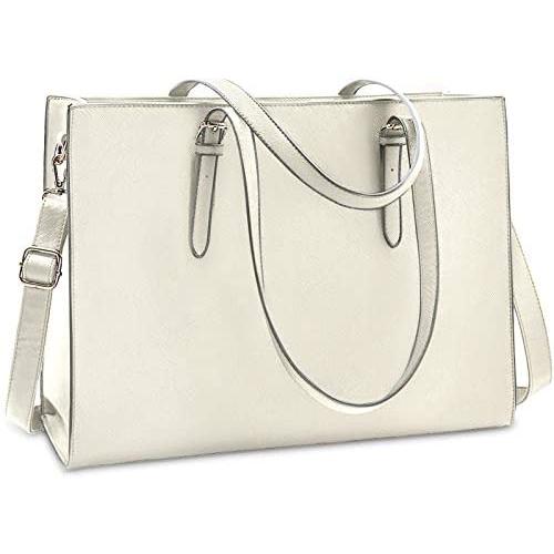 Laptop Bag for Women Waterproof Lightweight Leather 15.6 Inch Computer Tote Bag Business Office Briefcase Large Capacity Handbag Shoulder Bag Professional Office Work Bag Beige