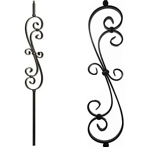 1/2'' Iron Baluster Skinny Scroll (5-Pack) Stair Parts Hollow Metal Spindles - Stair Railing Scroll Wrought Iron Balusters (Real Satin Black not Matte)