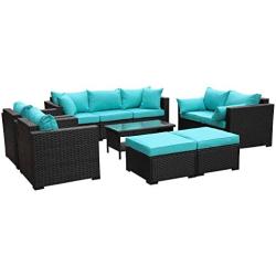 Rattaner Outdoor PE Wicker Furniture Set 7 Pieces Patio Garden Conversation Cushioned Seat Couch Sofa Chair Set-Turquoise Cushion