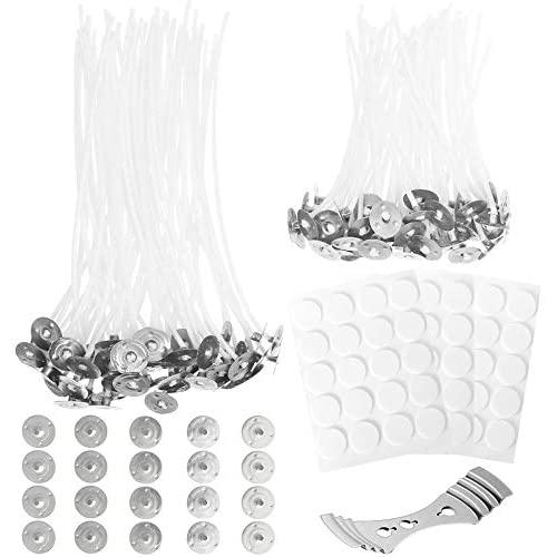 Anvin 100 Pcs Cotton Candle Wicks(4 inch& 6 inch) with 60 Pcs Candle Wick Stickers, 20 Pcs Metal Candle Wick Sustainer Tabs and 1 Pcs Candle Wick Centering Device for Candle Making, DIY Craft Tools