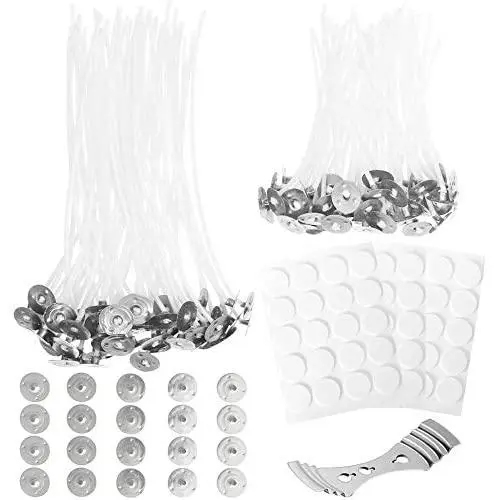 Anvin 100 Pcs Cotton Candle Wicks(4 inch& 6 inch) with 60 Pcs Candle Wick Stickers, 20 Pcs Metal Candle Wick Sustainer Tabs and 1 Pcs Candle Wick Centering Device for Candle Making, DIY Craft Tools