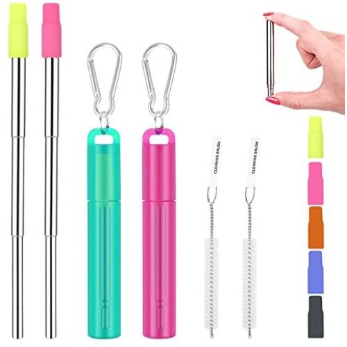 Fomuson 2 Pack Reusable Straws Metal Straw - Portable Stainless Steel Straw Telescopic Straw with Case, and are Suitable for Coffee, Juice, Smoothie, Milkshake