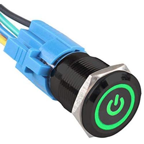 Etopars Black Case 19mm 12V 5A Power Symbol Angel Eye Halo Car Green LED Light Metal Push Button Toggle Switch Socket