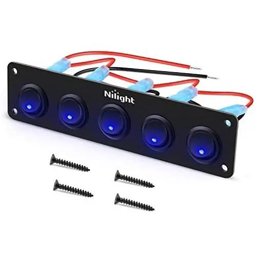 Nilight 90018E 5 Gang 3 Pin Rocker Panel Waterproof On-Off Toggle Switches for Car Vehicle Trailer Truck SUV Marine Boat RV Ship 12V/24V 20A,2 Years Warranty, Blue