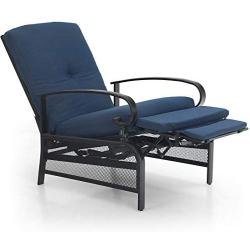 PHI VILLA Adjustable Patio Recliner Chair Metal Outdoor Lounge Chair with Removable Cushions Support 300lbs, Navy